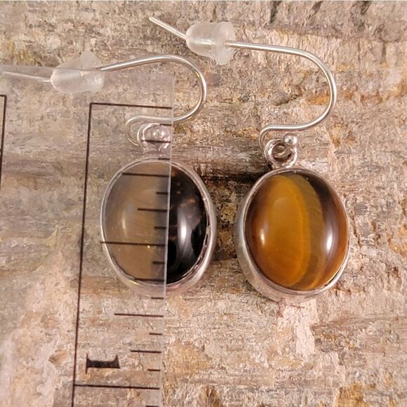 Sterling Bezel Set Oval Tiger's Eye Drop Earrings - Picture 4 of 5
